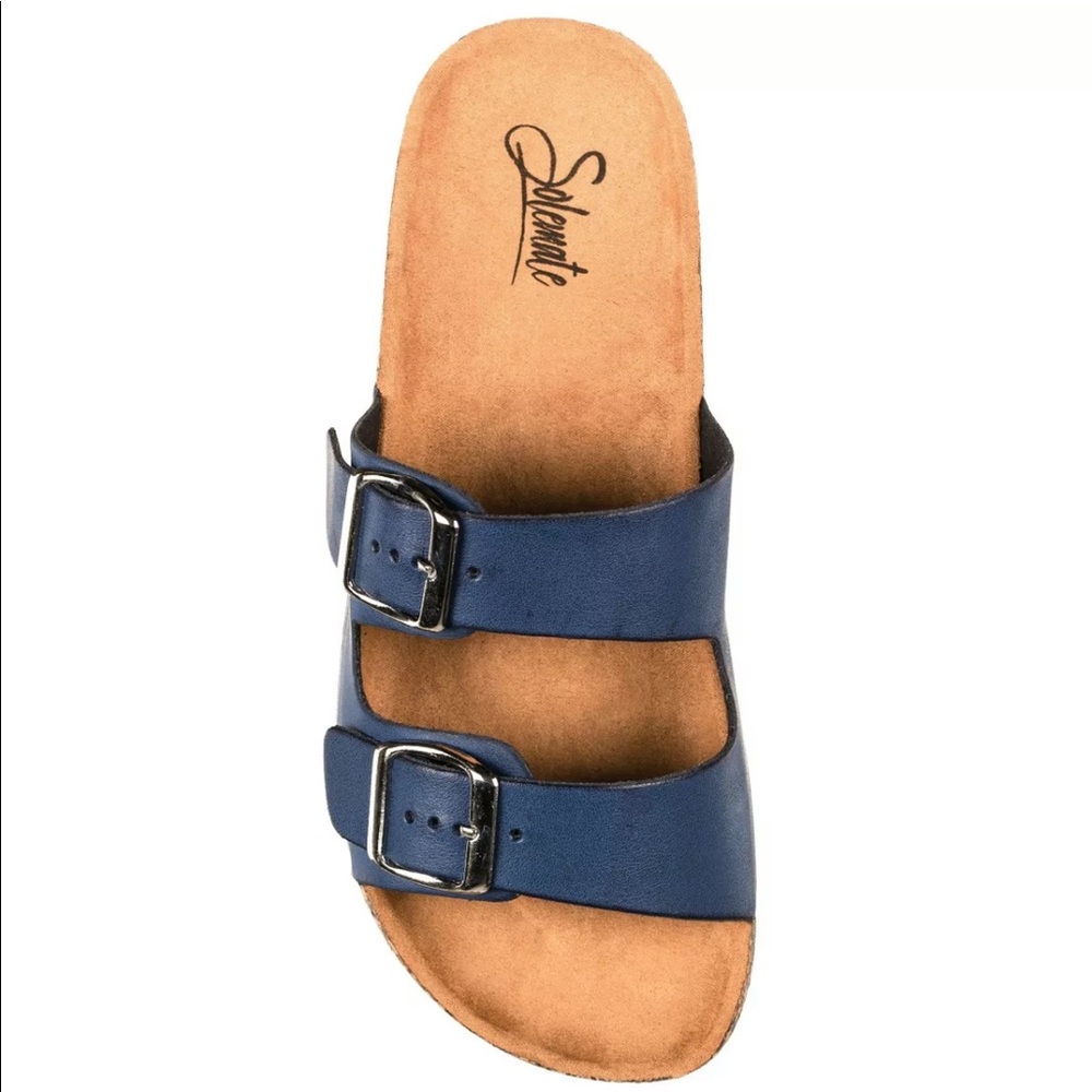 SOLEMATE Navy Blue Faux Leather Dbl Buckle Slides